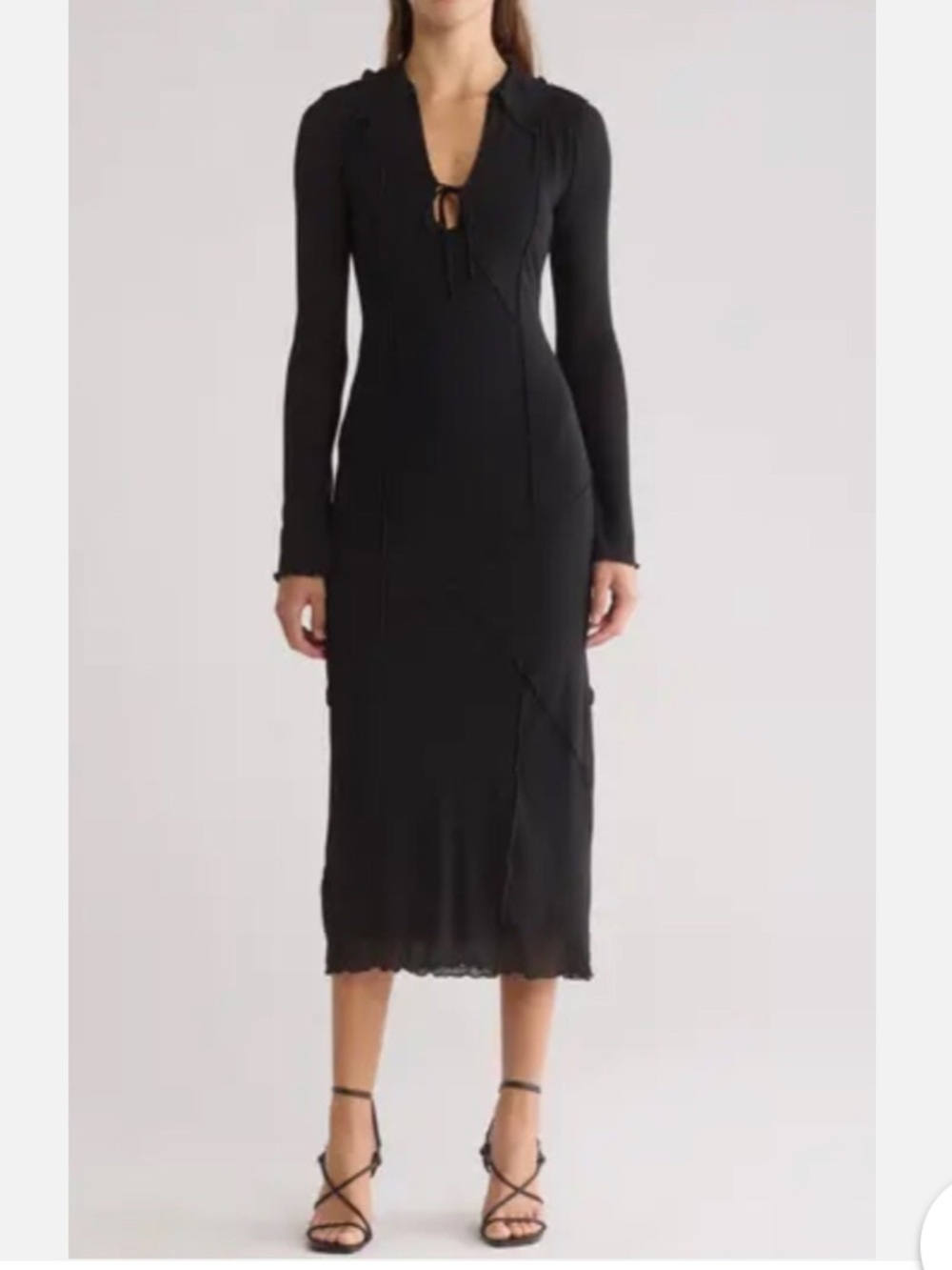 Topshop Black Long‑Sleeve Mesh Midi Dress with Tie Neck